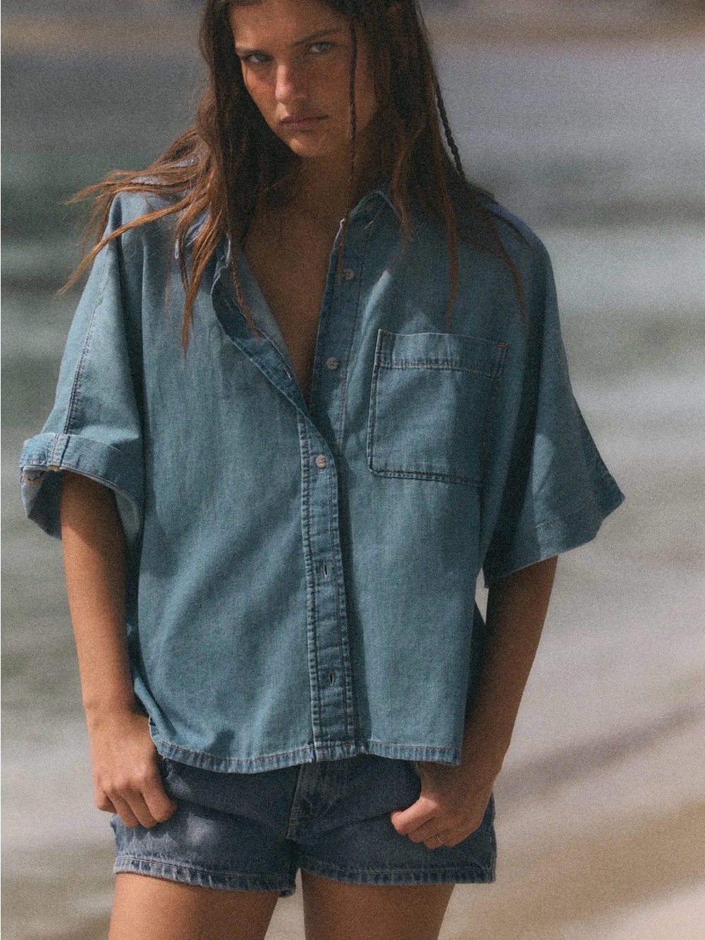 NWT Zara Short-Sleeve TRF Denim Button-Down Shirt